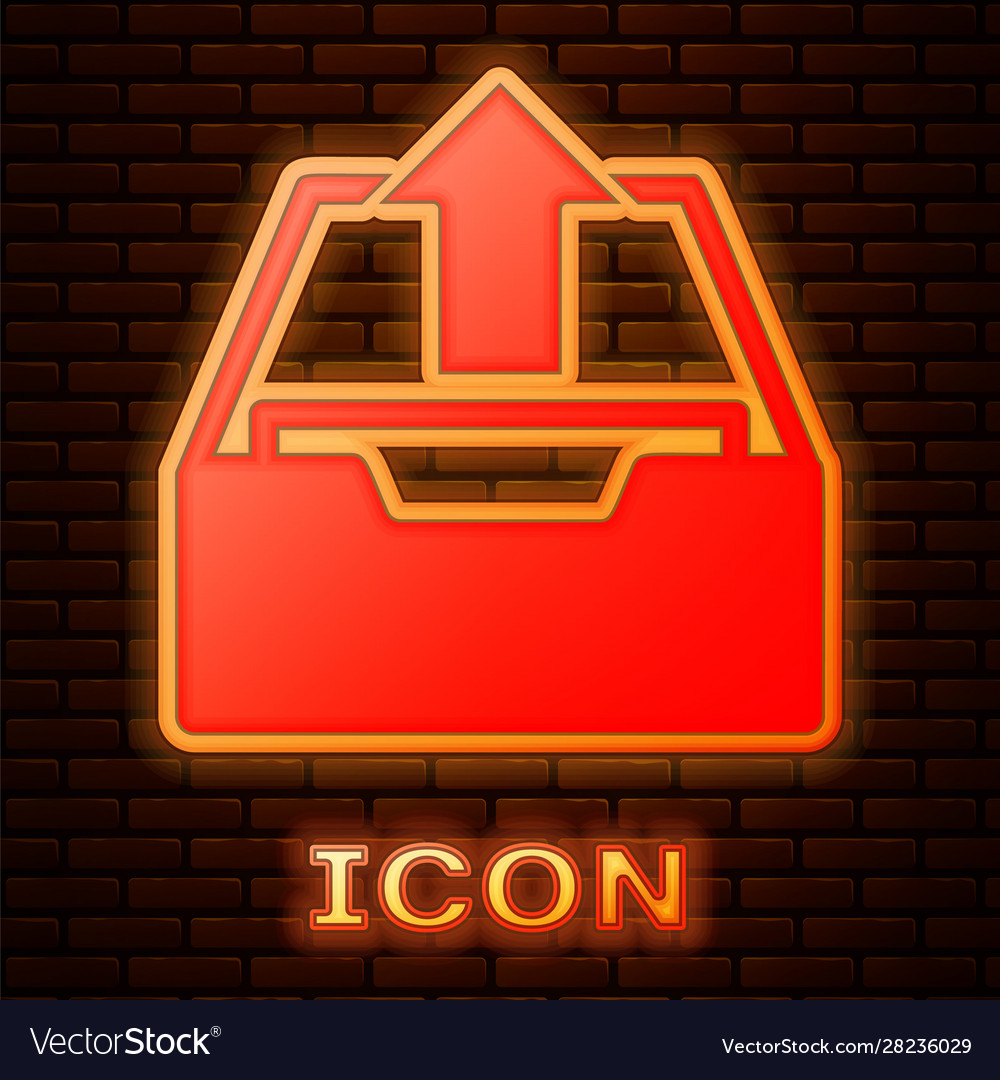 Glowing neon upload inbox icon isolated on brick vector image Glowing neon upload inbox icon isolated on brick