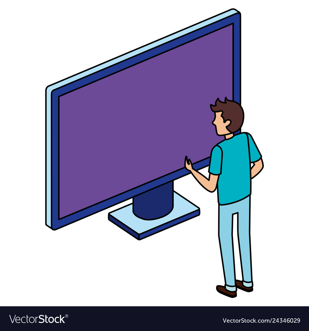 Young man with computer display