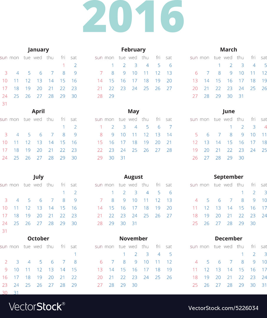 Simple european 2016 year calendar Royalty Free Vector Image