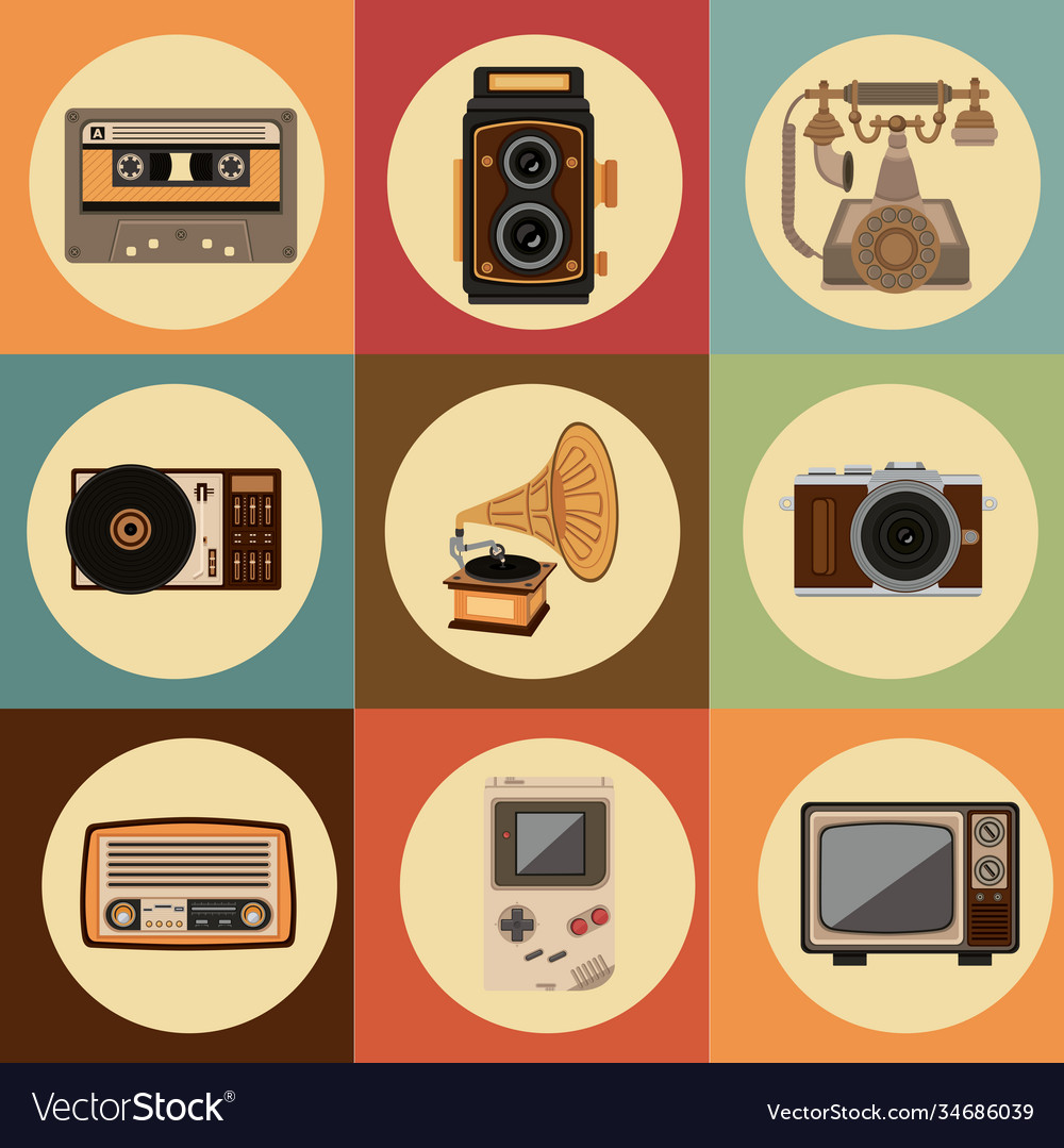 Bundle retro set gadgets Royalty Free Vector Image