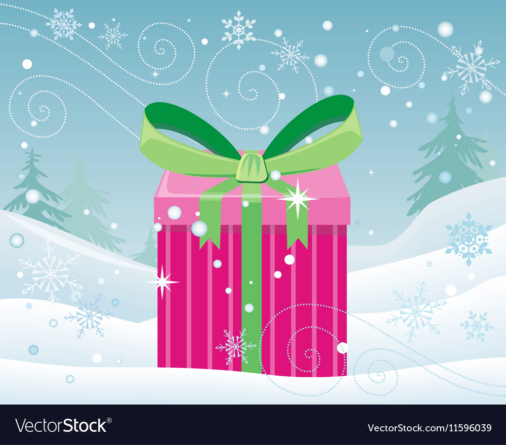 Christmas pink gift box with bow on snow landscape