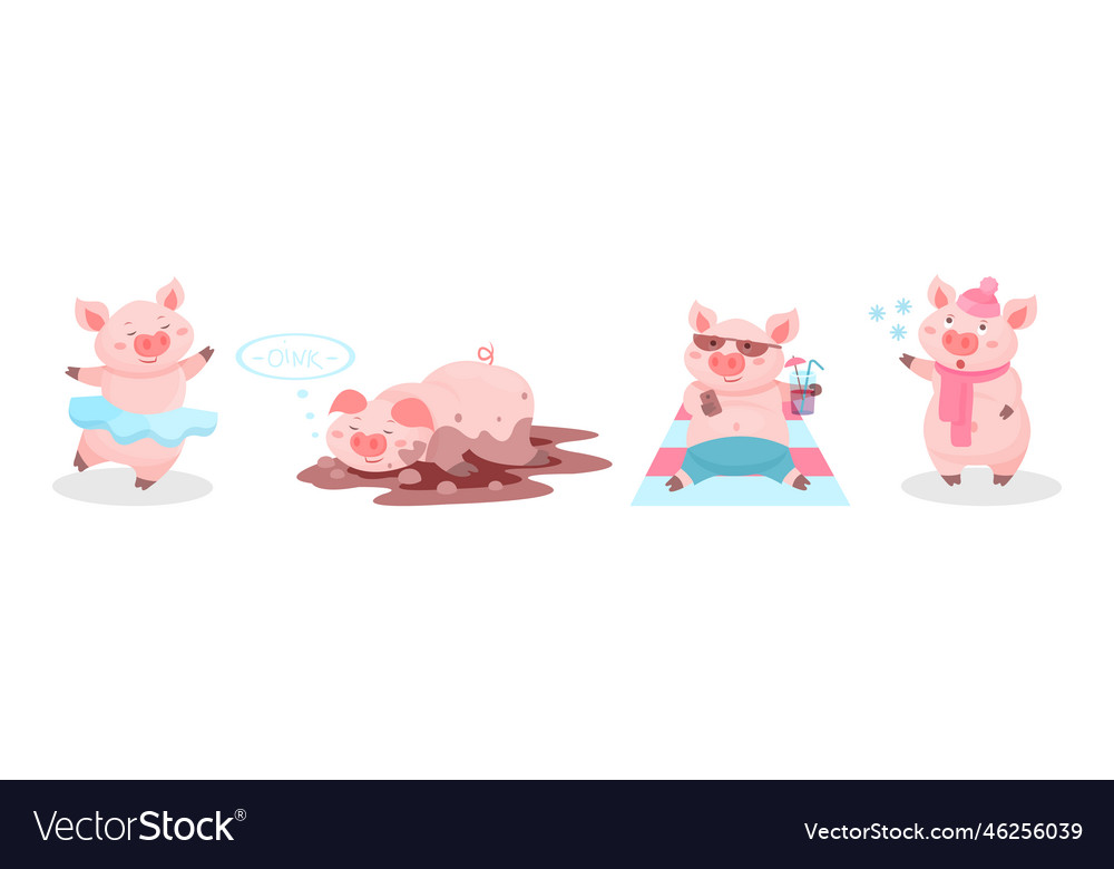 Funny pink pig with snout in different activities