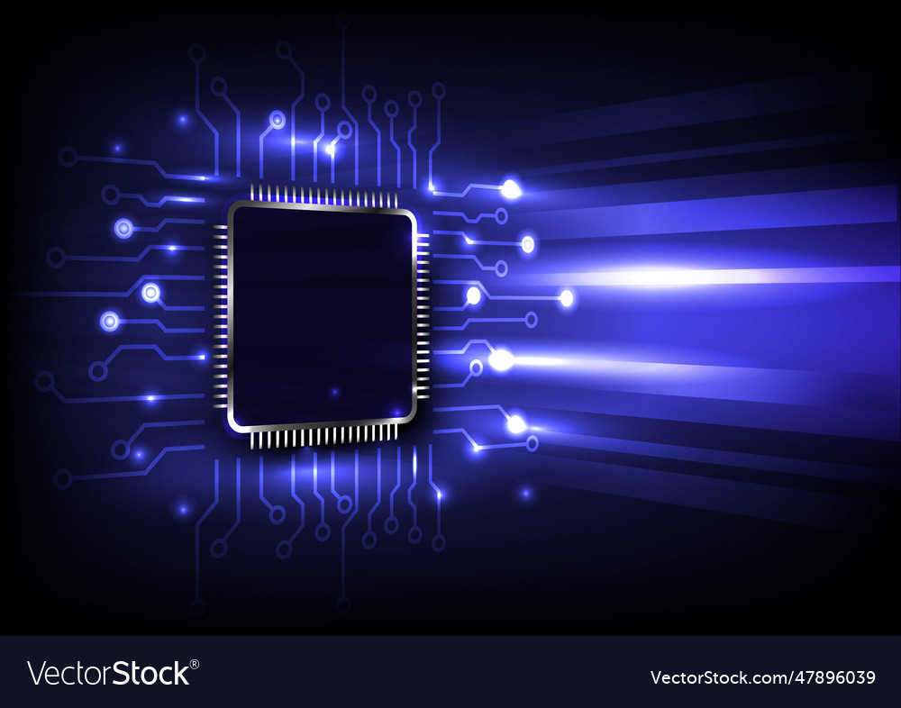 Futuristic microchip cpu circuit board blue light