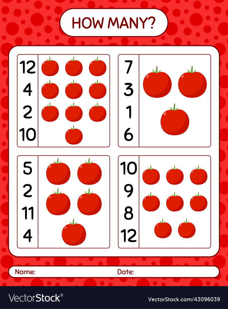How many counting game with tomato worksheet vector image How many counting game with tomato worksheet