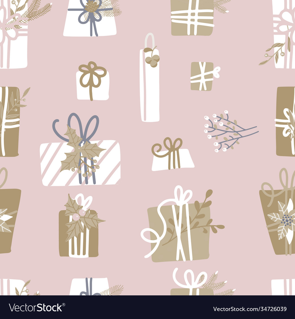 Seamless pattern with wrapped gifts wreath