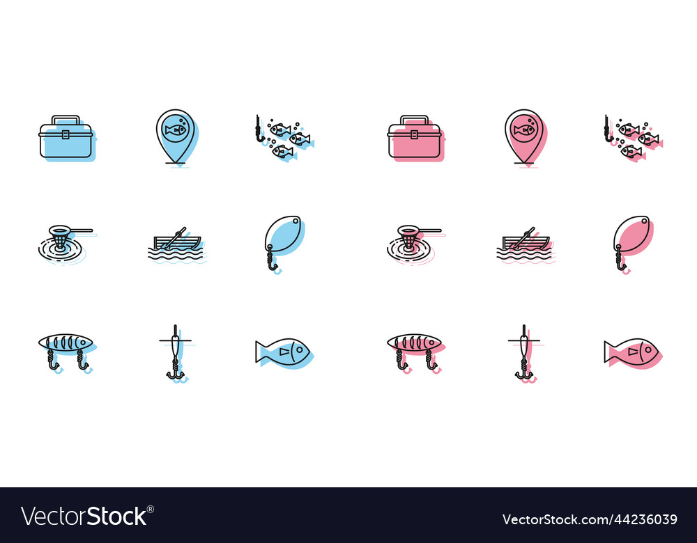 Set line fishing lure hook and float case or box vector image Set line fishing lure hook and float case or box