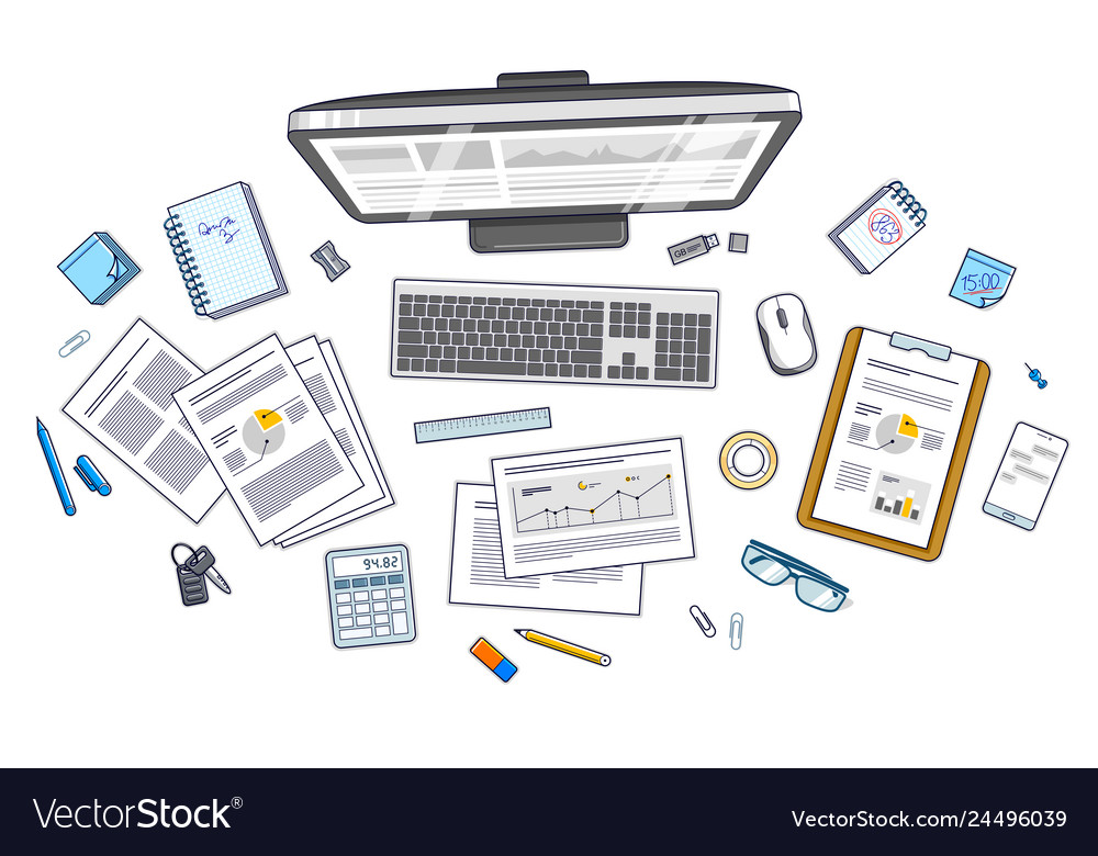 Work desk workspace top view with pc computer vector image Work desk workspace top view with pc computer