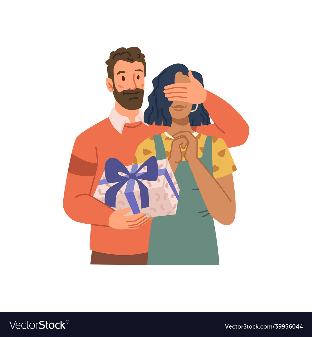 Cartoon couple husband giving present box to wife Vector Image Cartoon couple husband giving present box to wife Vector Image