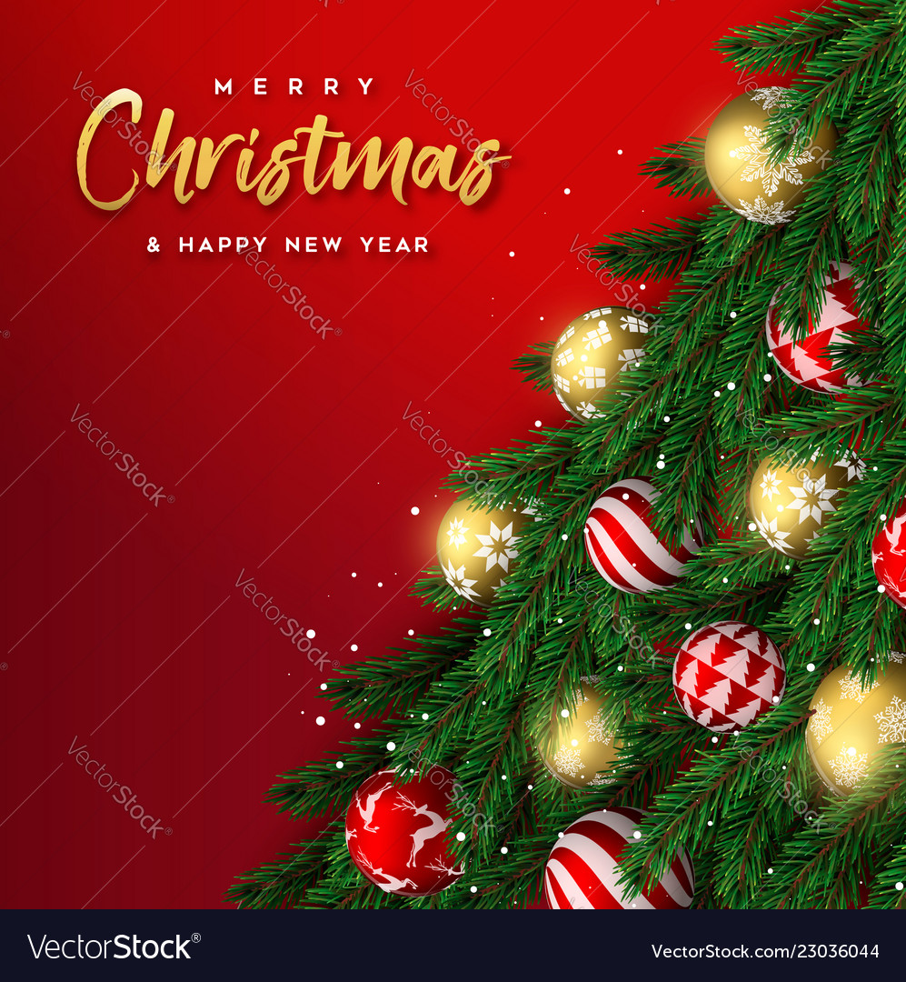 Christmas pine tree and gold bauble ornament card Vector Image