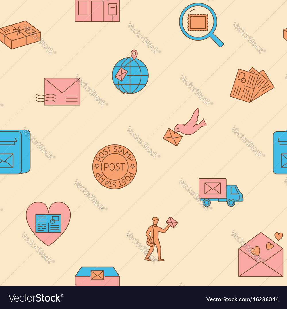 Postcrossing seamless pattern in colored line vector image Postcrossing seamless pattern in colored line
