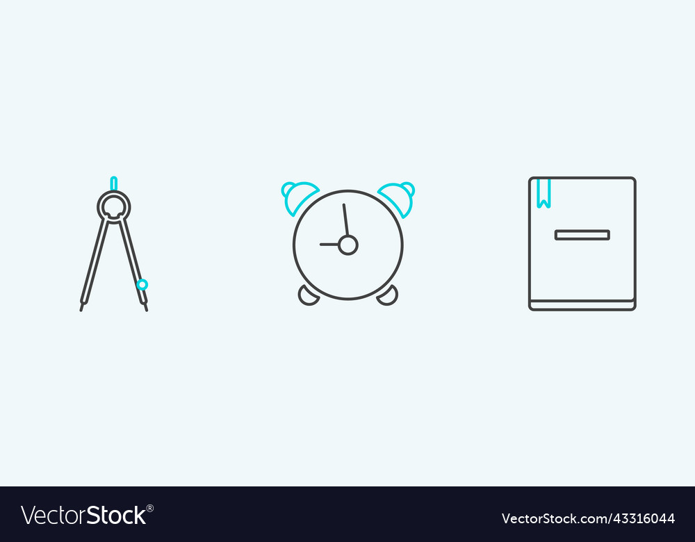 Set line notebook drawing compass and alarm clock vector image Set line notebook drawing compass and alarm clock