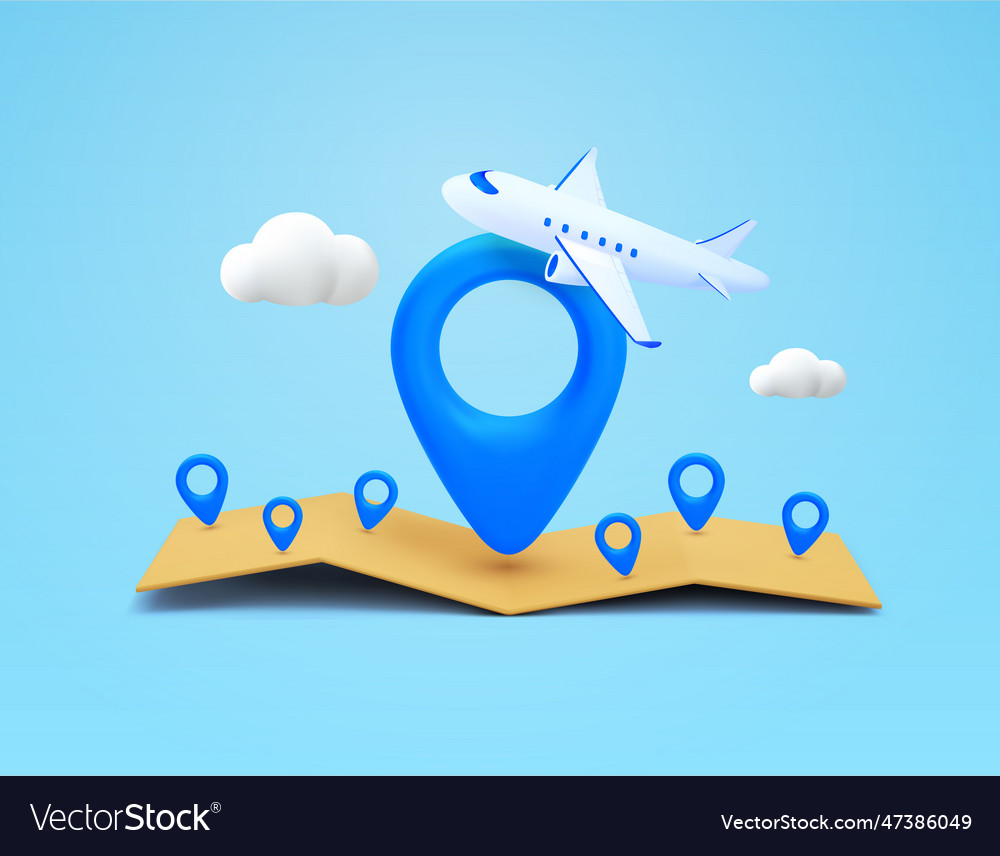 3d map markers with airplane clouds isolated vector image 3d map markers with airplane clouds isolated