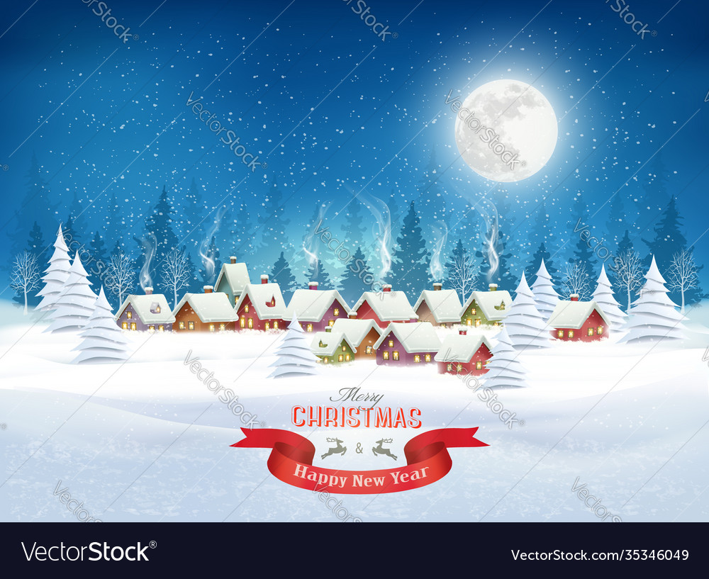 Christmas evening landscape with winter village Vector Image