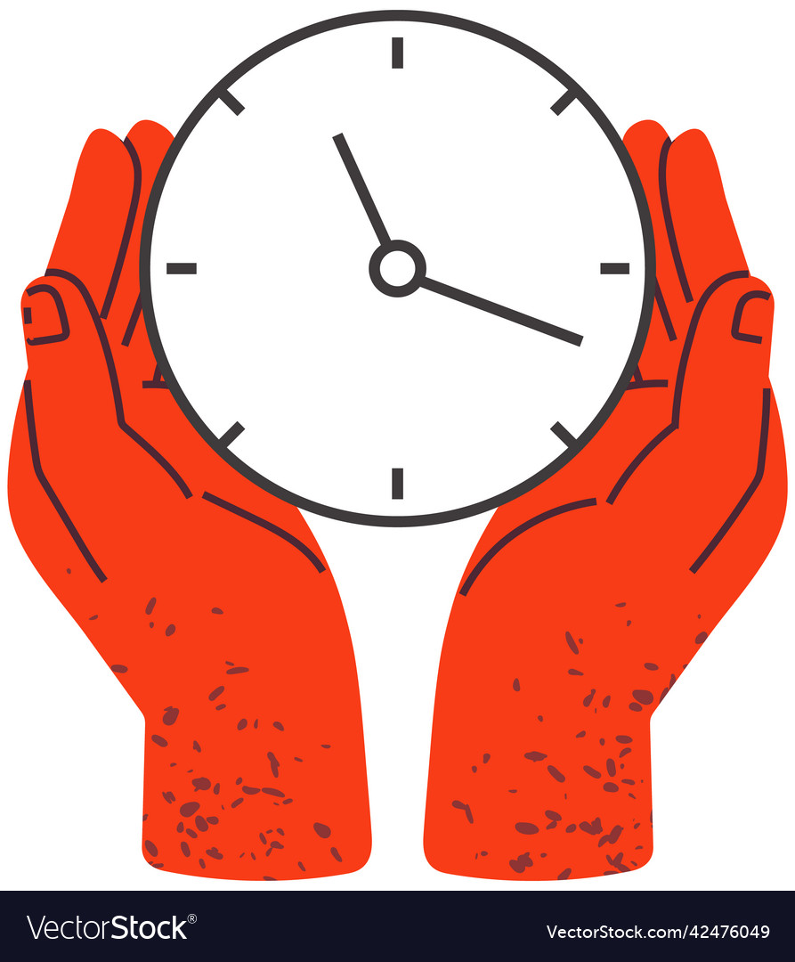 Hand points to clock with arrows minute and hour vector image Hand points to clock with arrows minute and hour