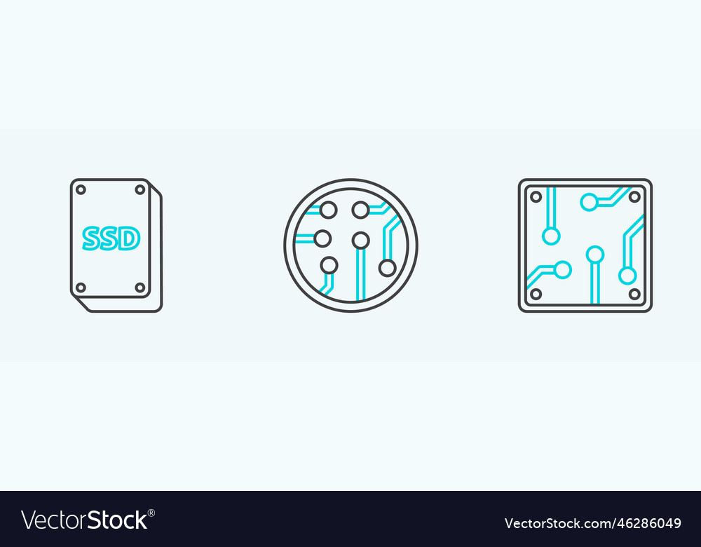Set line processor ssd card and icon vector image Set line processor ssd card and icon