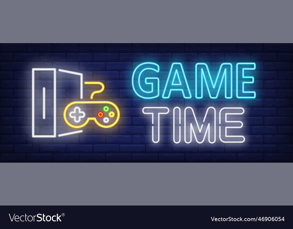 Game time neon text with console vector image Game time neon text with console