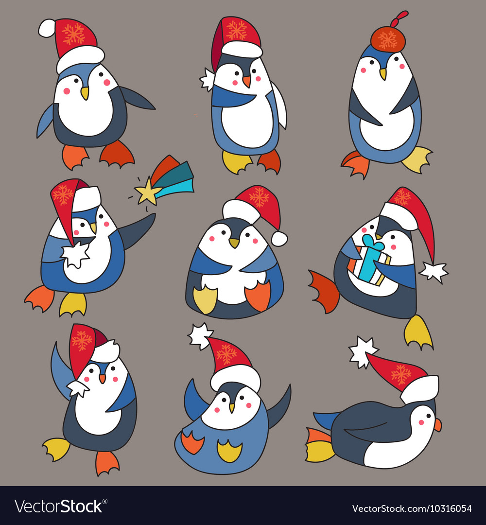 Penguin In Christmas Hat Doodle Royalty Free Vector Image