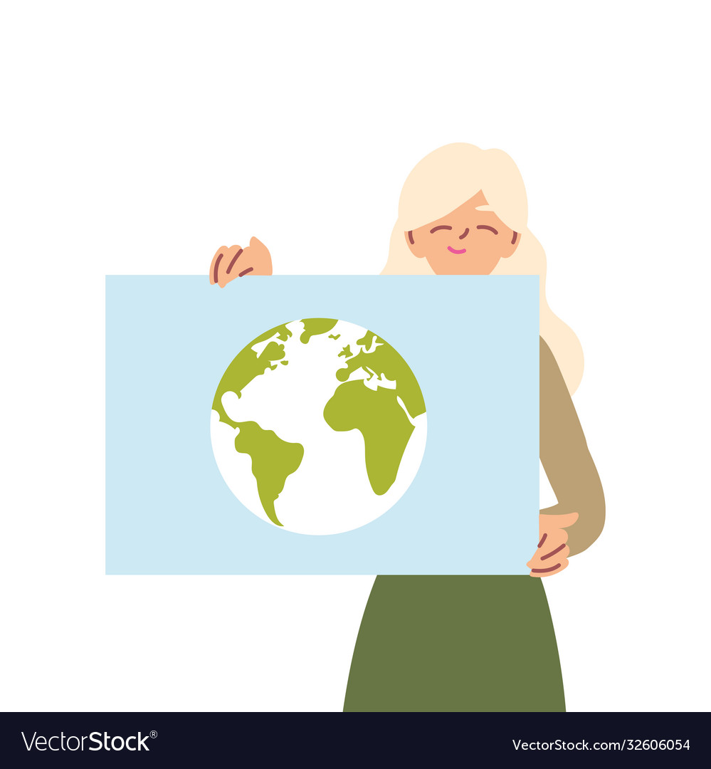 Woman cartoon holding banner board with world