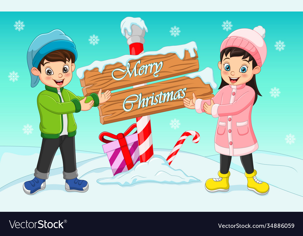 Happy boy and girl in winter clothes with wooden s