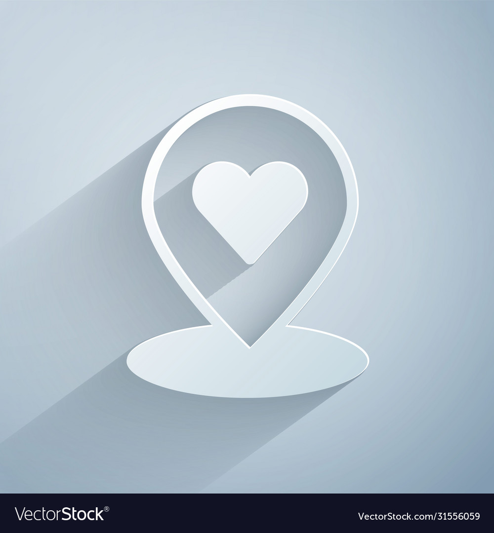 Paper cut map pointer with heart icon isolated