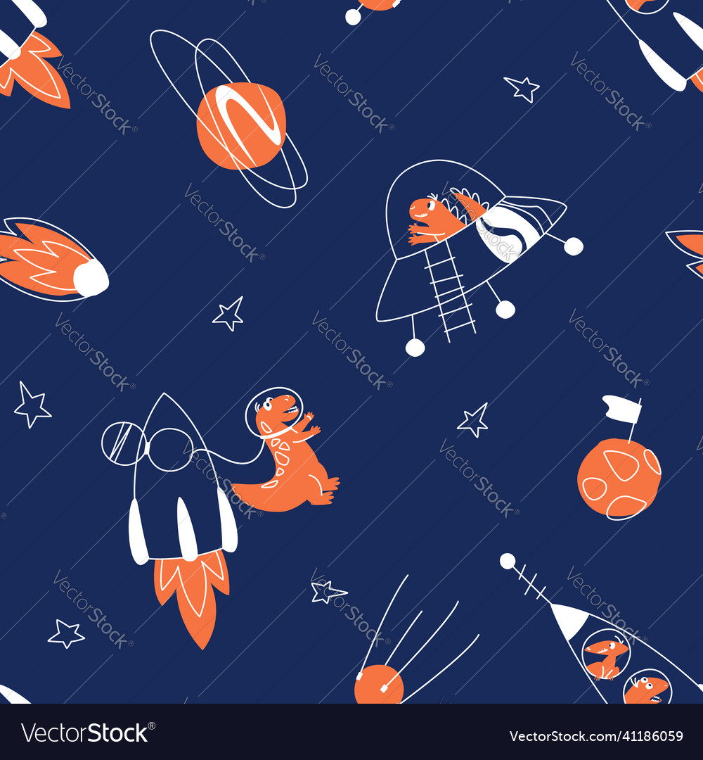 Seamless pattern of dinosaurs on a rocket