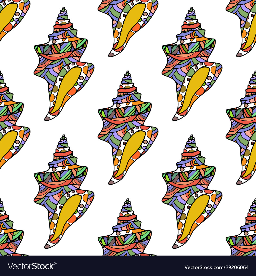 Seamless pattern with conch shells on white