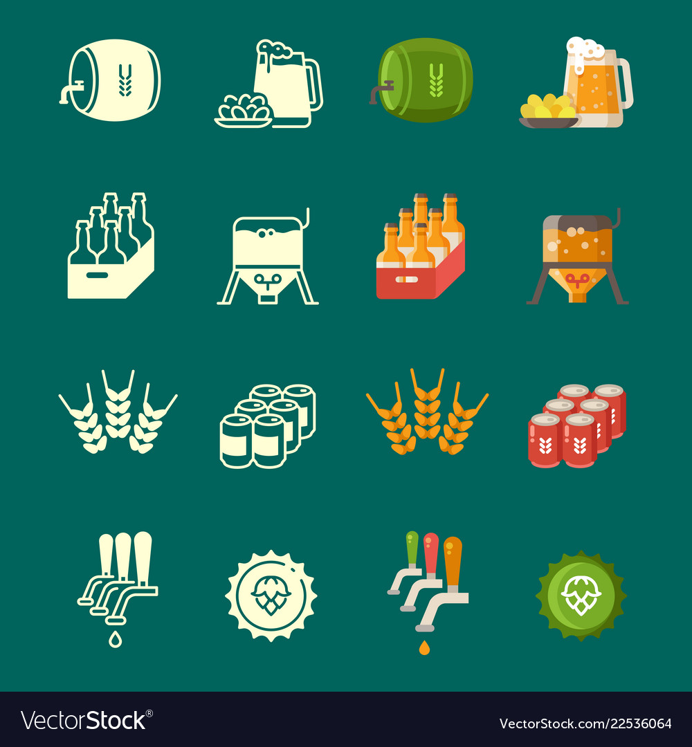 Silhouettes and colorful flat beer icons vector image Silhouettes and colorful flat beer icons