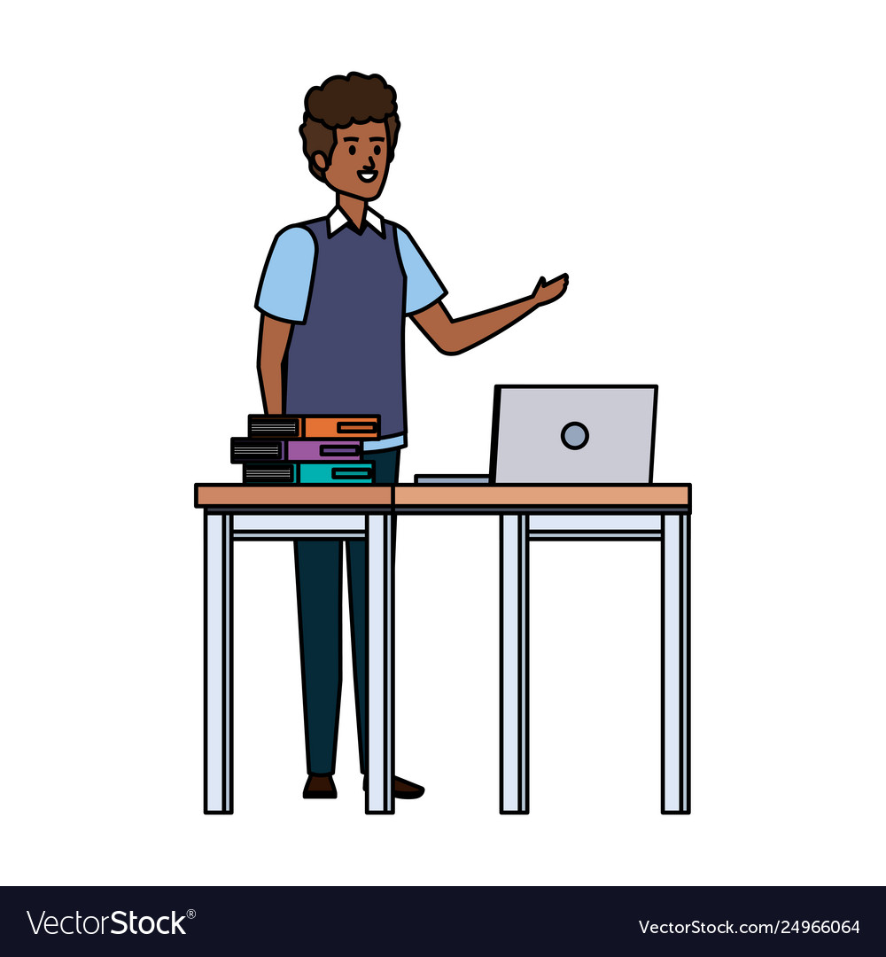 Young black teacher in desk with laptop and books