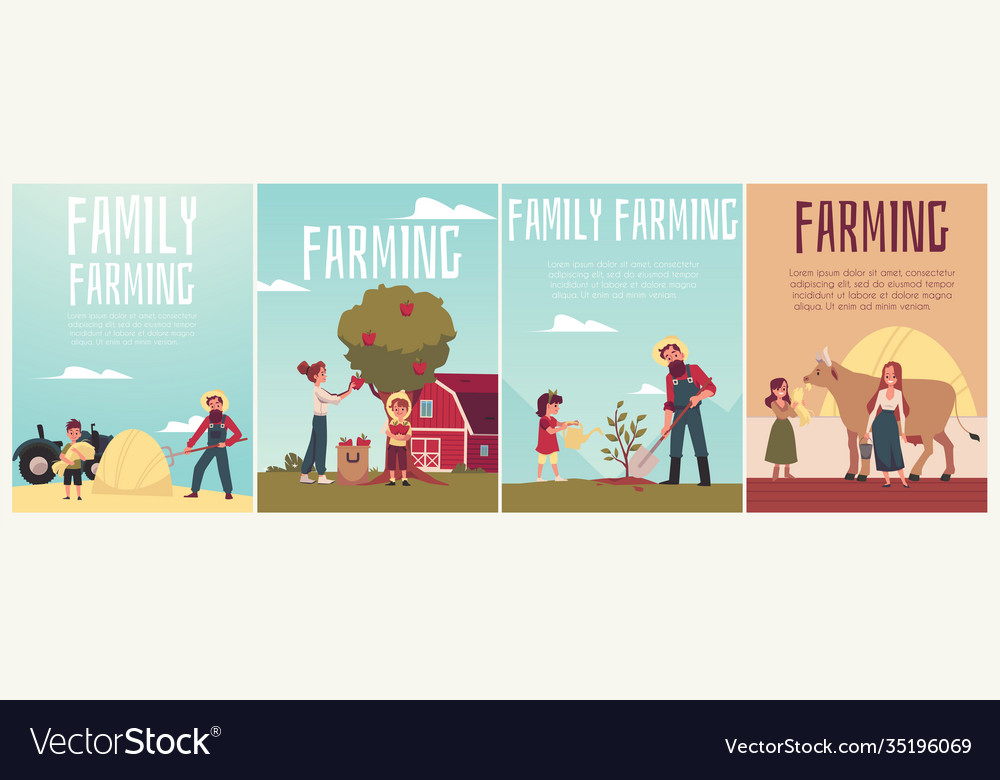 Family farming poster set cartoon people working