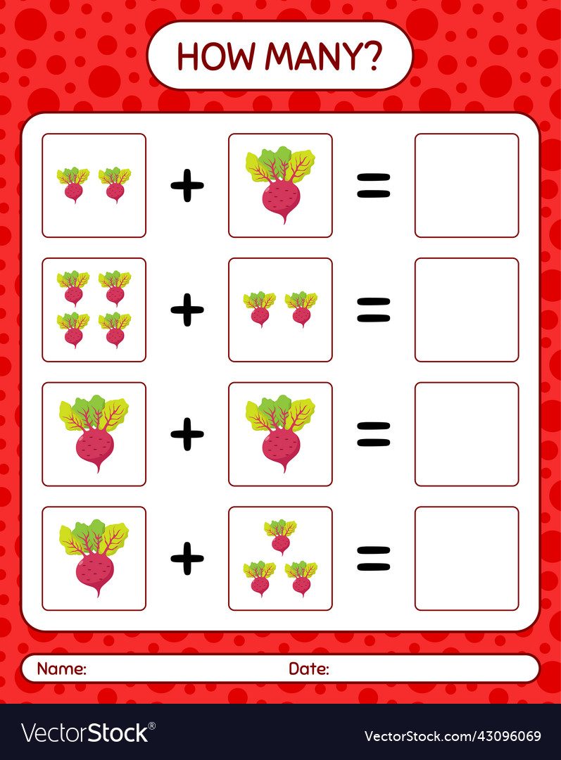 How many counting game with beet root worksheet vector image How many counting game with beet root worksheet
