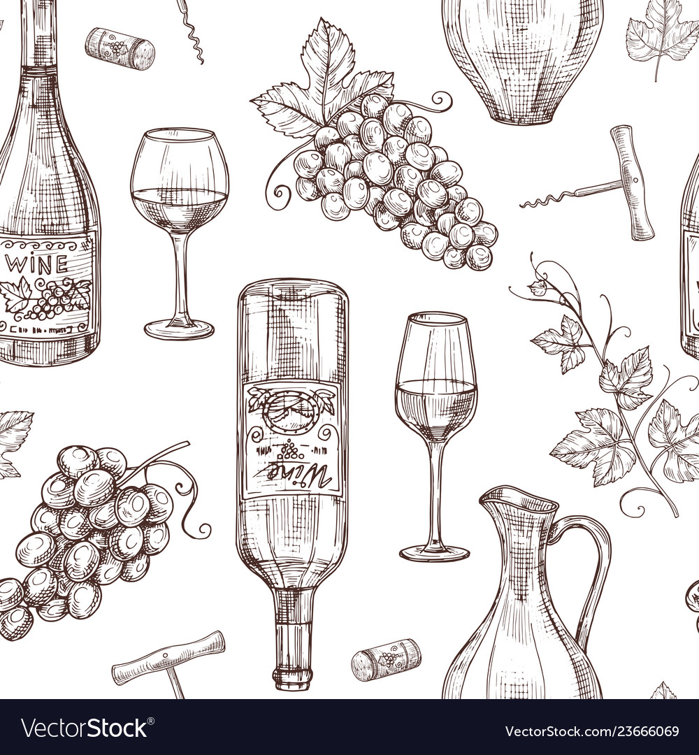 Sketch Wine Seamless Pattern Bottles Royalty Free Vector