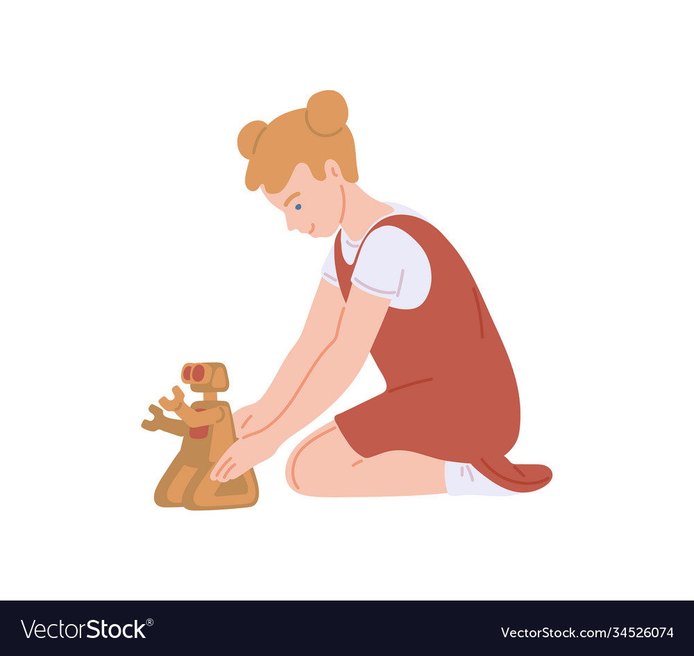 Child character playing with robot toy flat