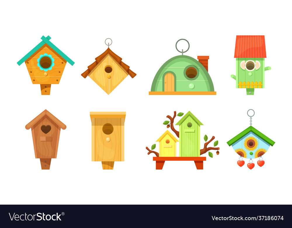 Decorative wooden spring bird houses garden Vector Image