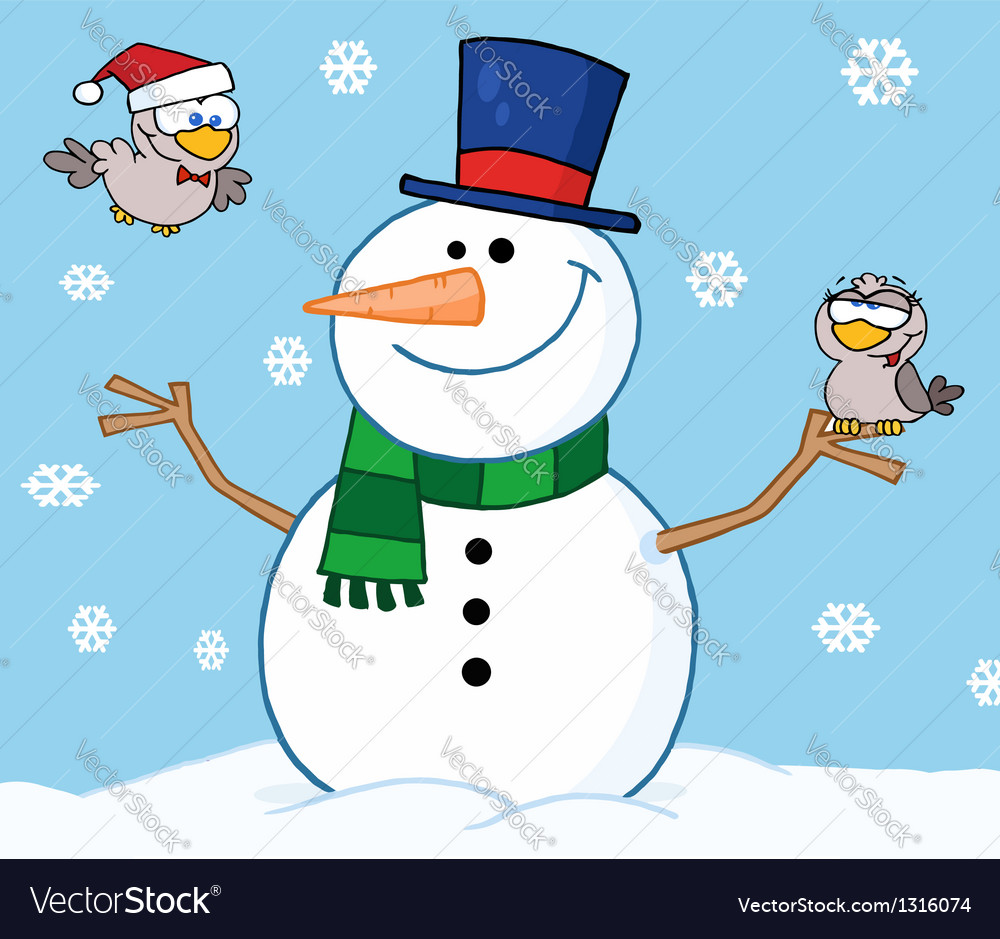 Friendly snowman with a cute birds Royalty Free Vector Image