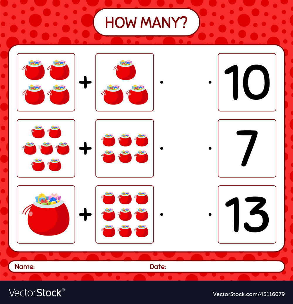 How many counting game with santas bag worksheet