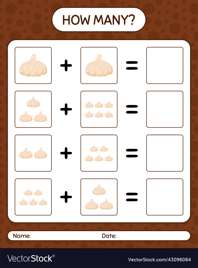 How many counting game with garlic worksheet Vector Image How many counting game with garlic worksheet