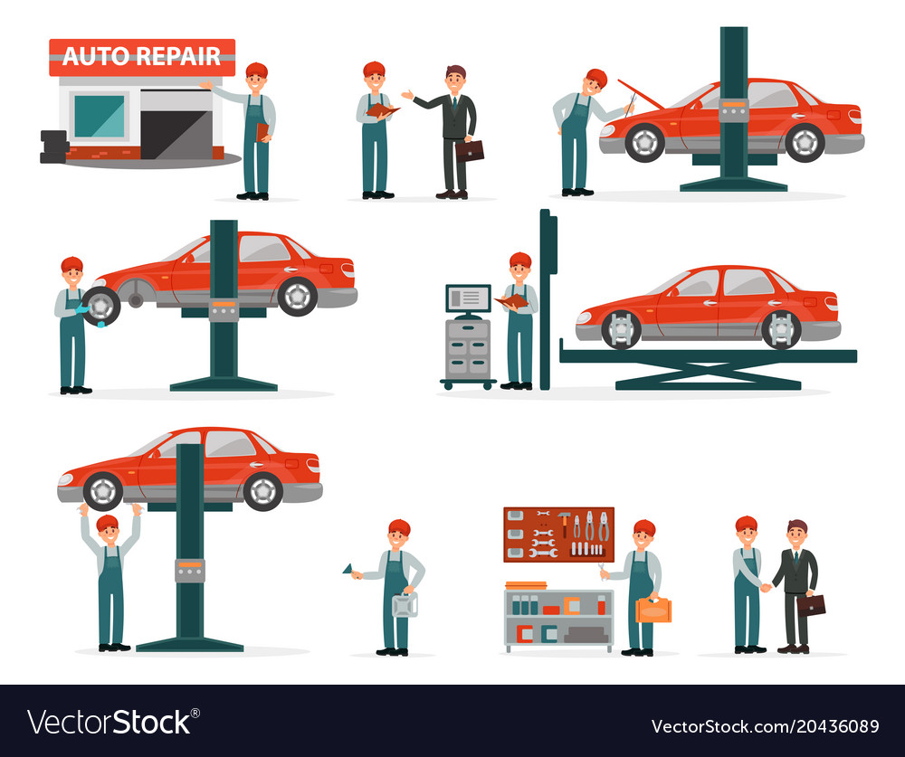 Car repair auto service set mechanics Royalty Free Vector