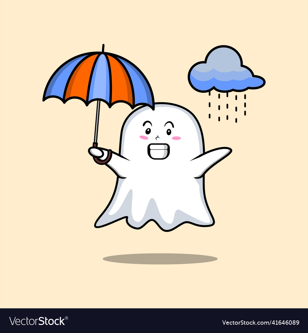 Cute cartoon ghost in the rain using umbrella