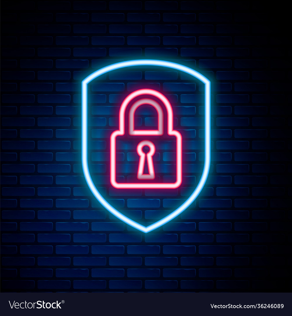 Glowing neon line shield security with lock icon Vector Image