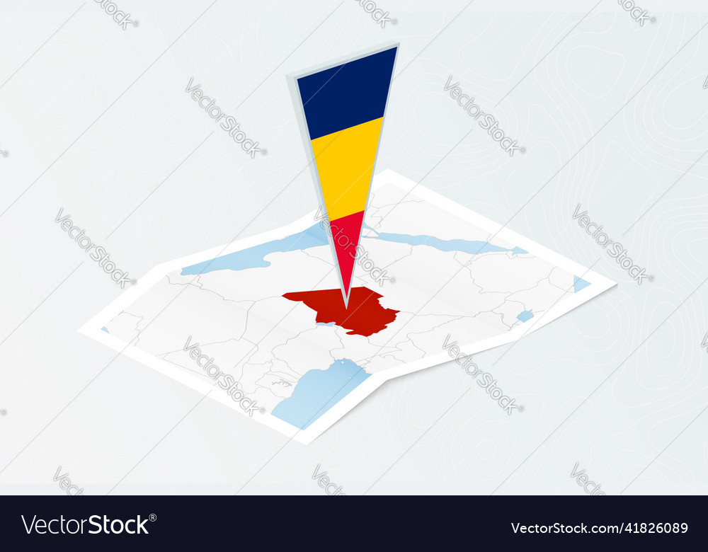 Isometric paper map of chad with triangular flag