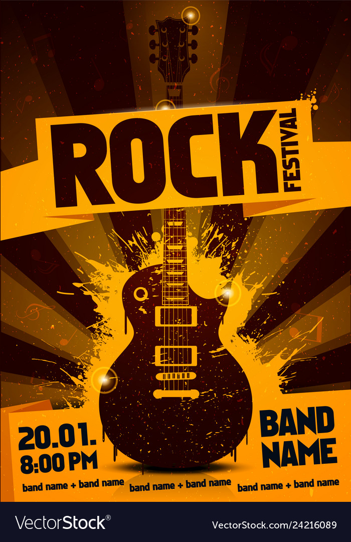 Rock festival party flyer design with guitar Vector Image