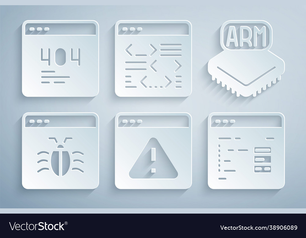 Set browser with exclamation mark processor vector image Set browser with exclamation mark processor