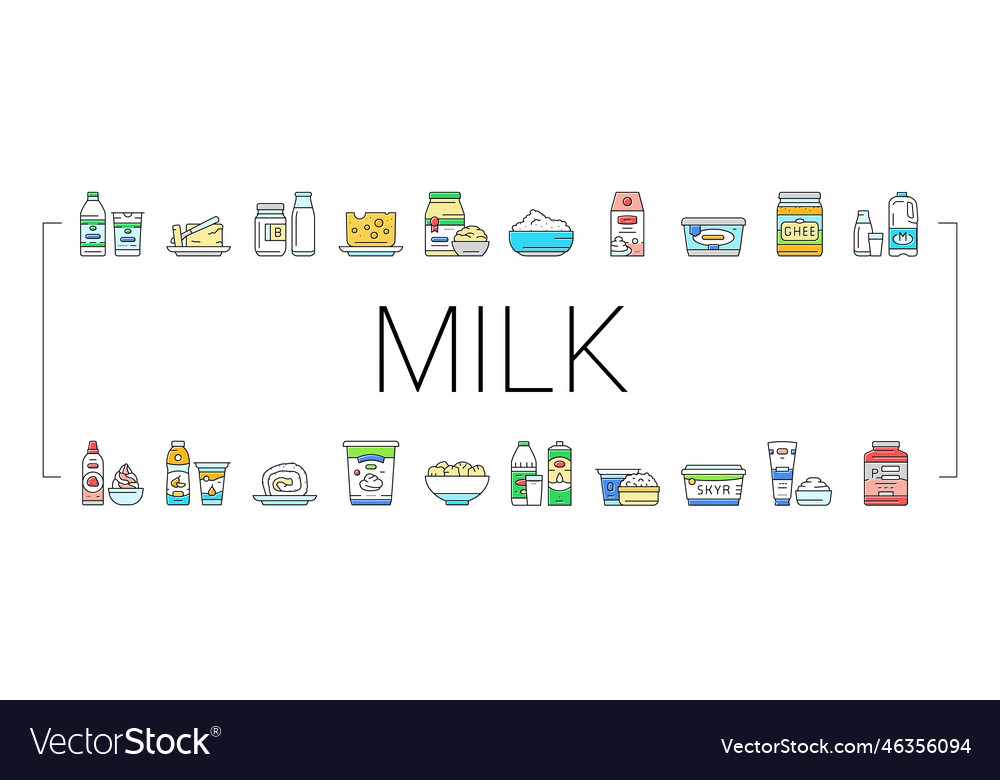 Milk product dairy drink fresh icons set