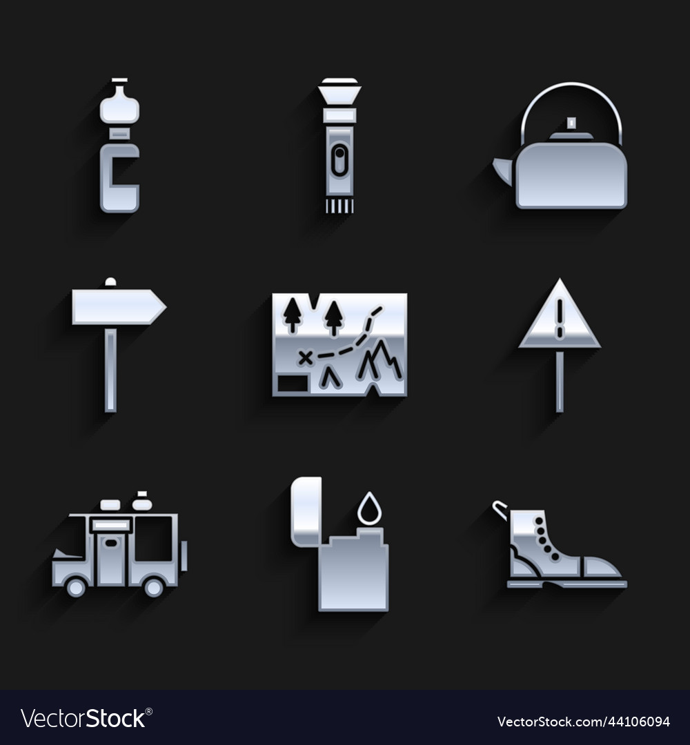 Set folded map with location lighter hiking boot vector image Set folded map with location lighter hiking boot