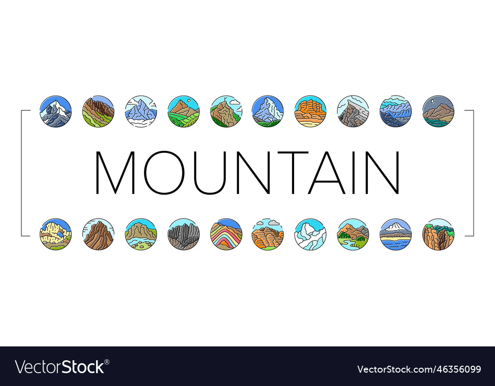 Mountain landscape hill nature icons set