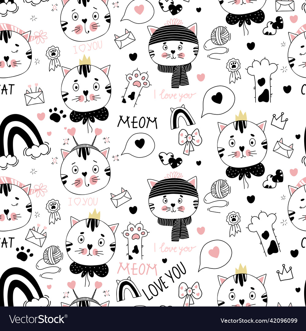 Seamless pattern with cats cute kittens in hat