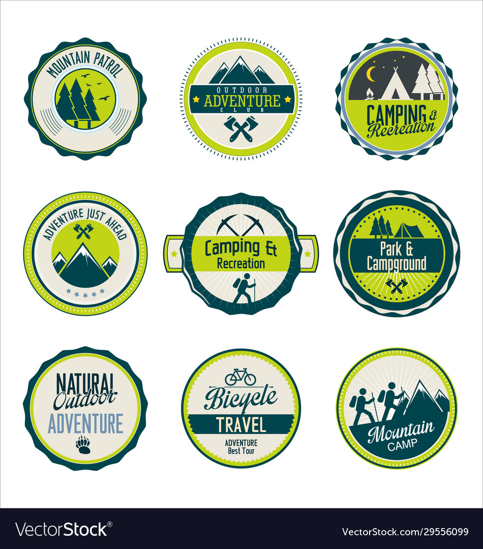 Set outdoor adventure blue and green retro vector image Set outdoor adventure blue and green retro