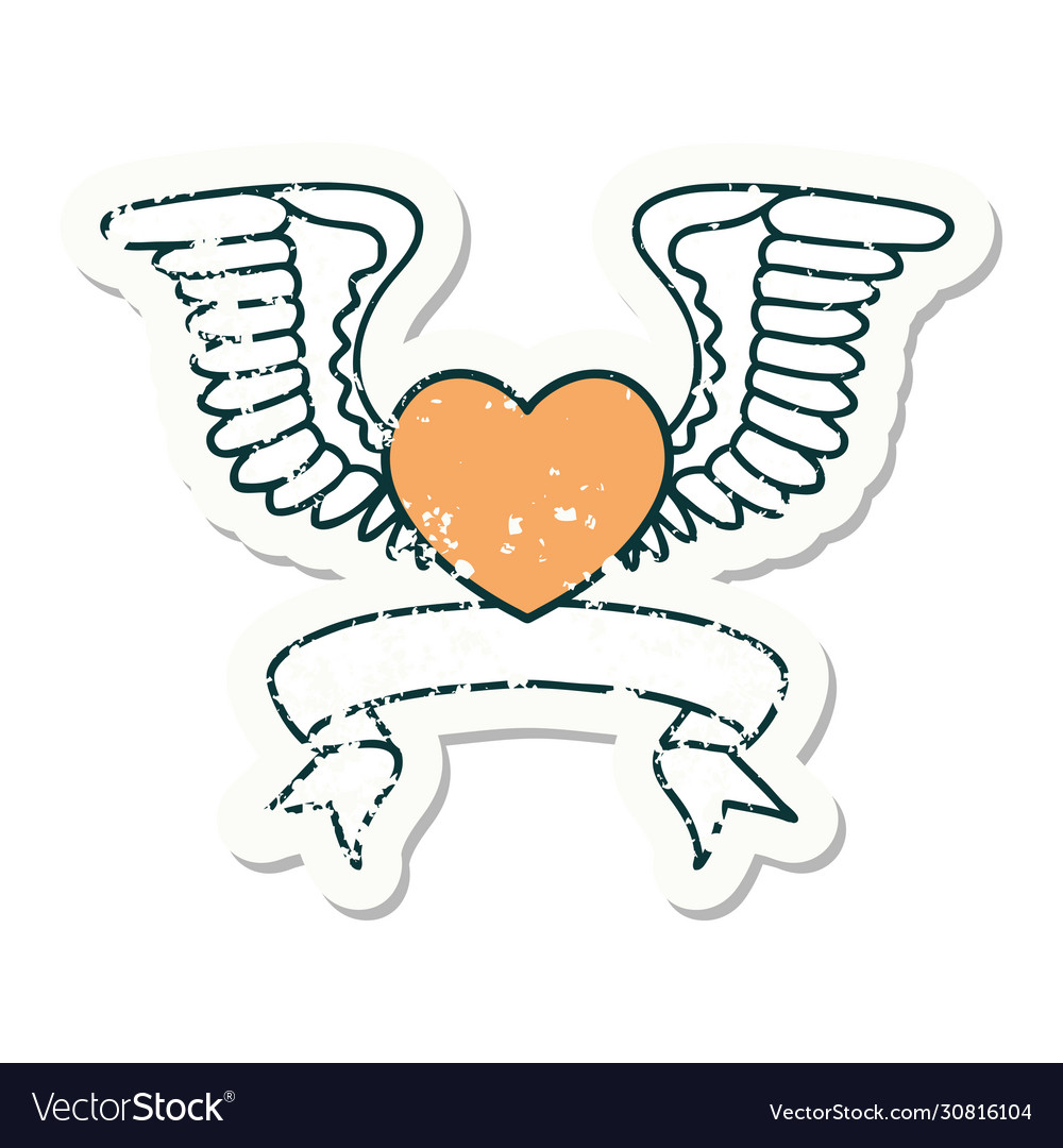 Grunge sticker with banner a heart wings