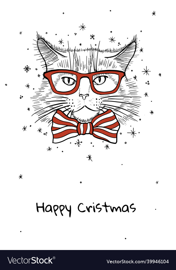 Merry christmas greeting card with cat character vector image Merry christmas greeting card with cat character