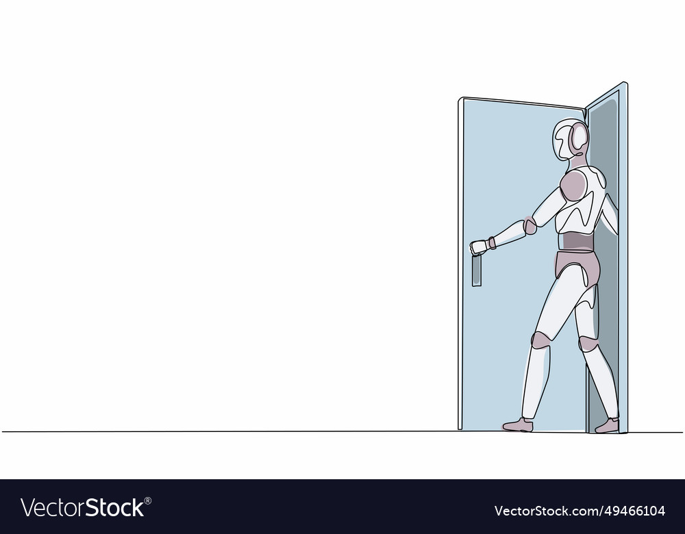 Single one line drawing robot walking out through Vector Image